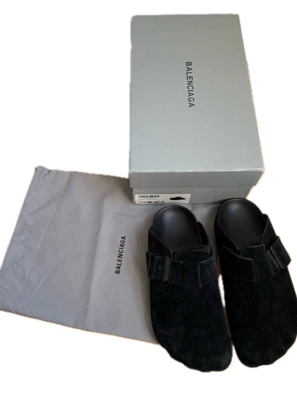 Balenciaga Men's Black Suede Slip-On Clogs with Buckle Strap